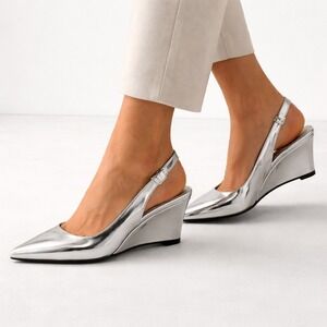 Theory Silver Metallic Slingback Wedge Heels Womens 36 Made In Italy Pointed Toe